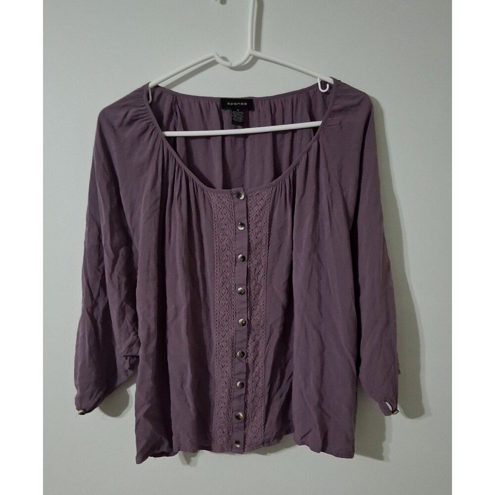 Spense Mauve Purple Blouse Womens M Button Front Crochet Trim Boho Peasant Top